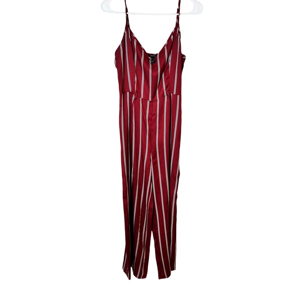 Forever‎ 21 Burgundy Striped Wide Leg Jumpsuit Sleeveless Small